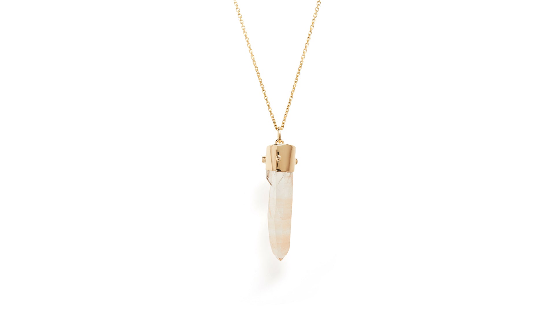 Image of the reverse side of a crystal pendant necklace made of quartz in a solid gold cap top in 18k yellow gold