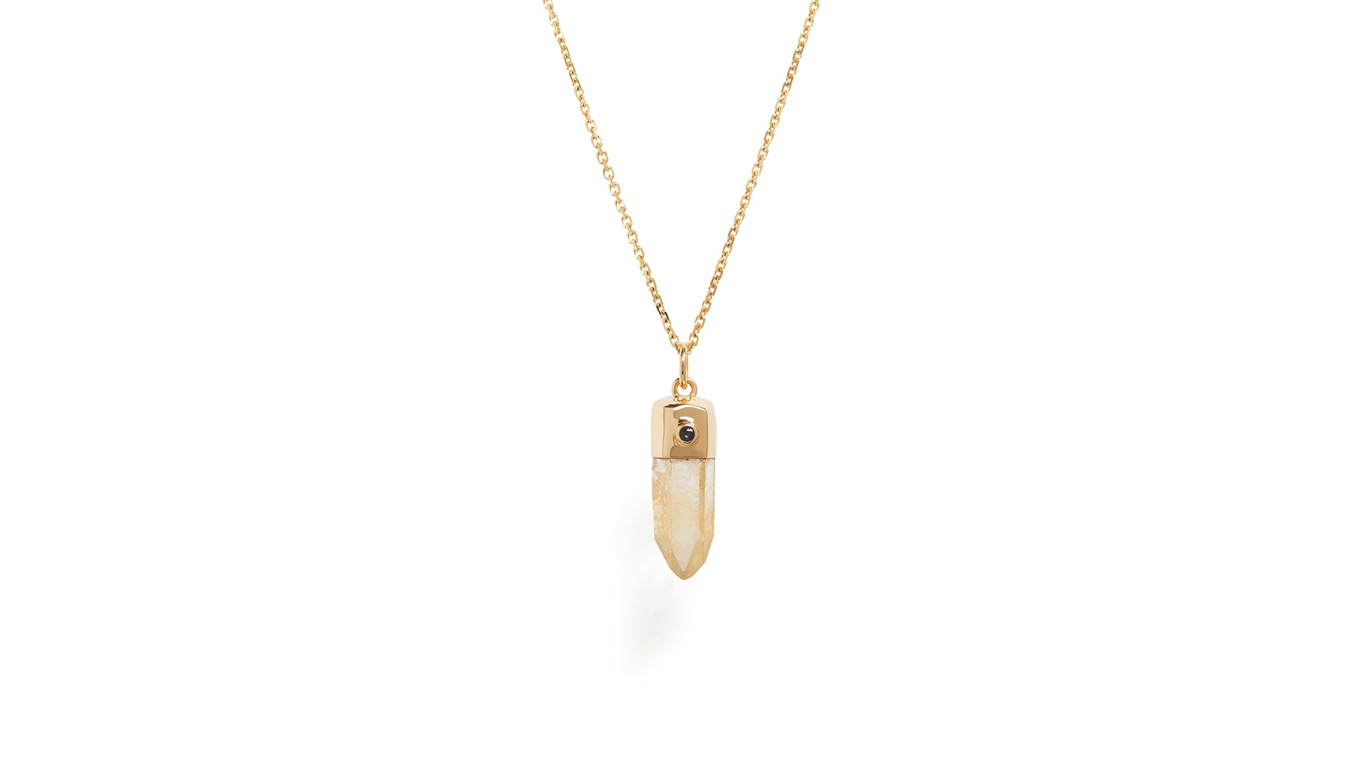 Image of Crystal pendant in golden healer quartz with inlayed blue sapphire in 18k solid yellow gold on a white background