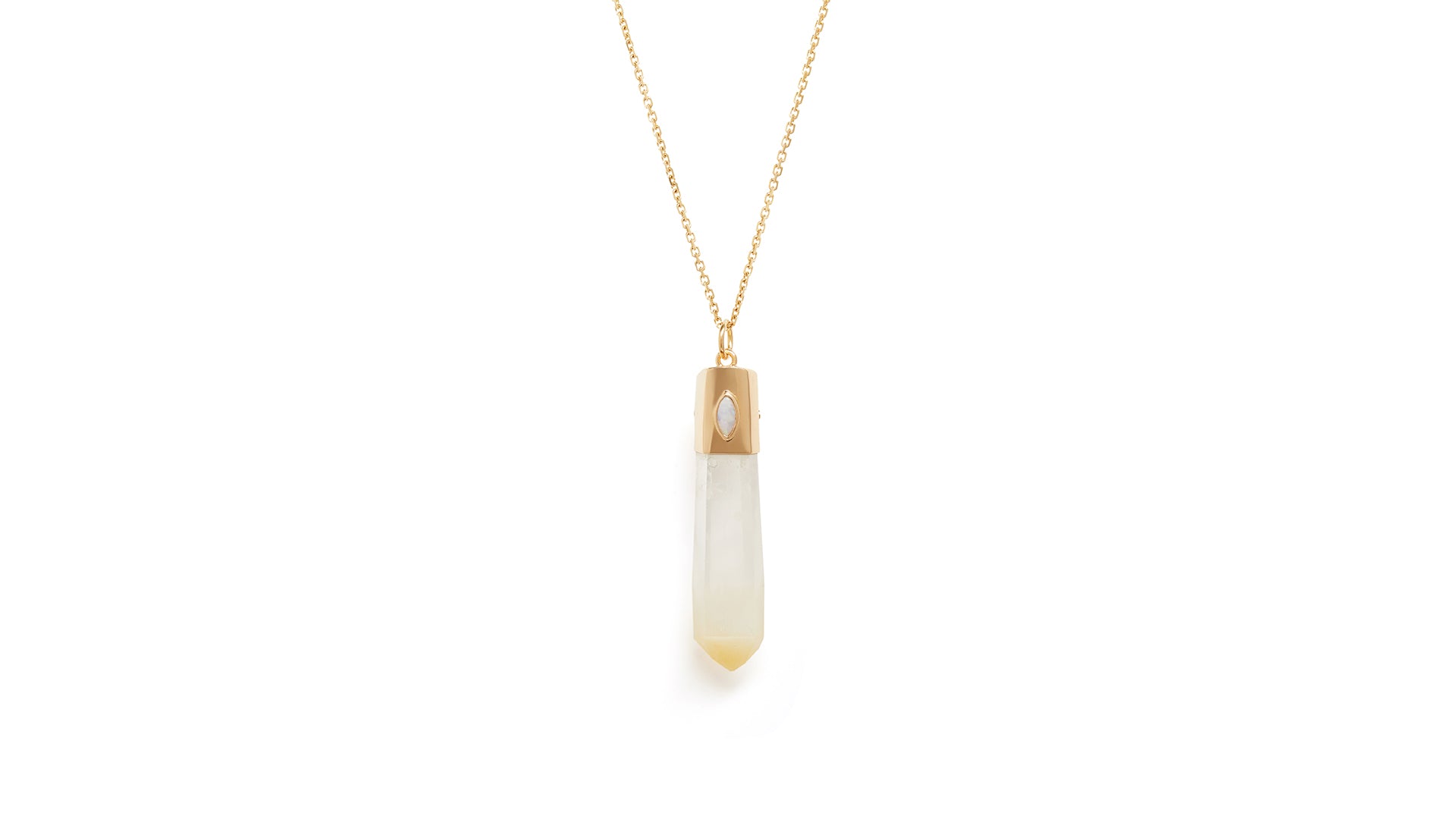 Crystal amulet necklace in mango quartz with an 18k gold top cap inlayed with an opal