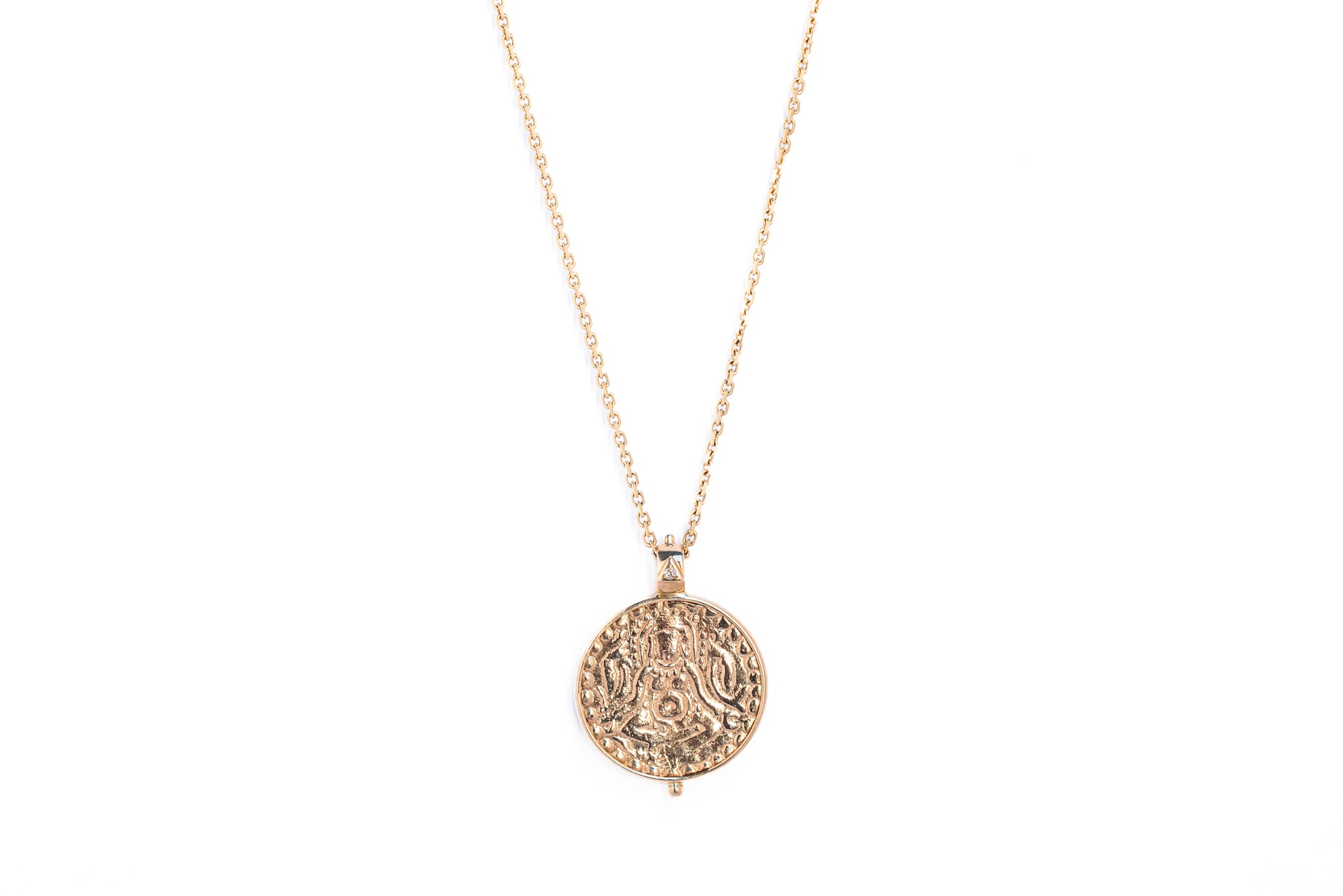 'Abundance' gold coin necklace with a diamond depicting Laxmi the Hindu goddess