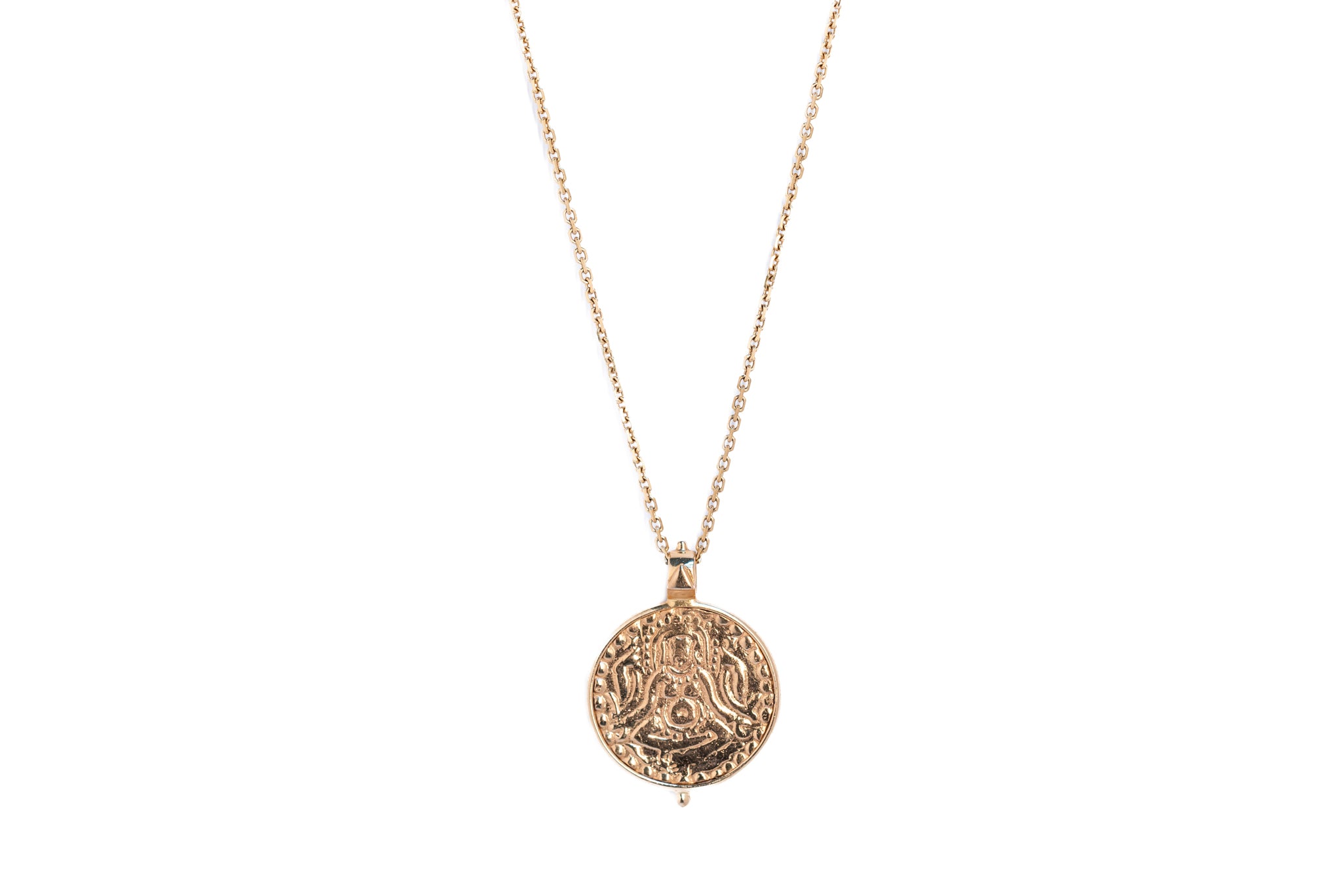 Image of gold coin necklace on chain on white background