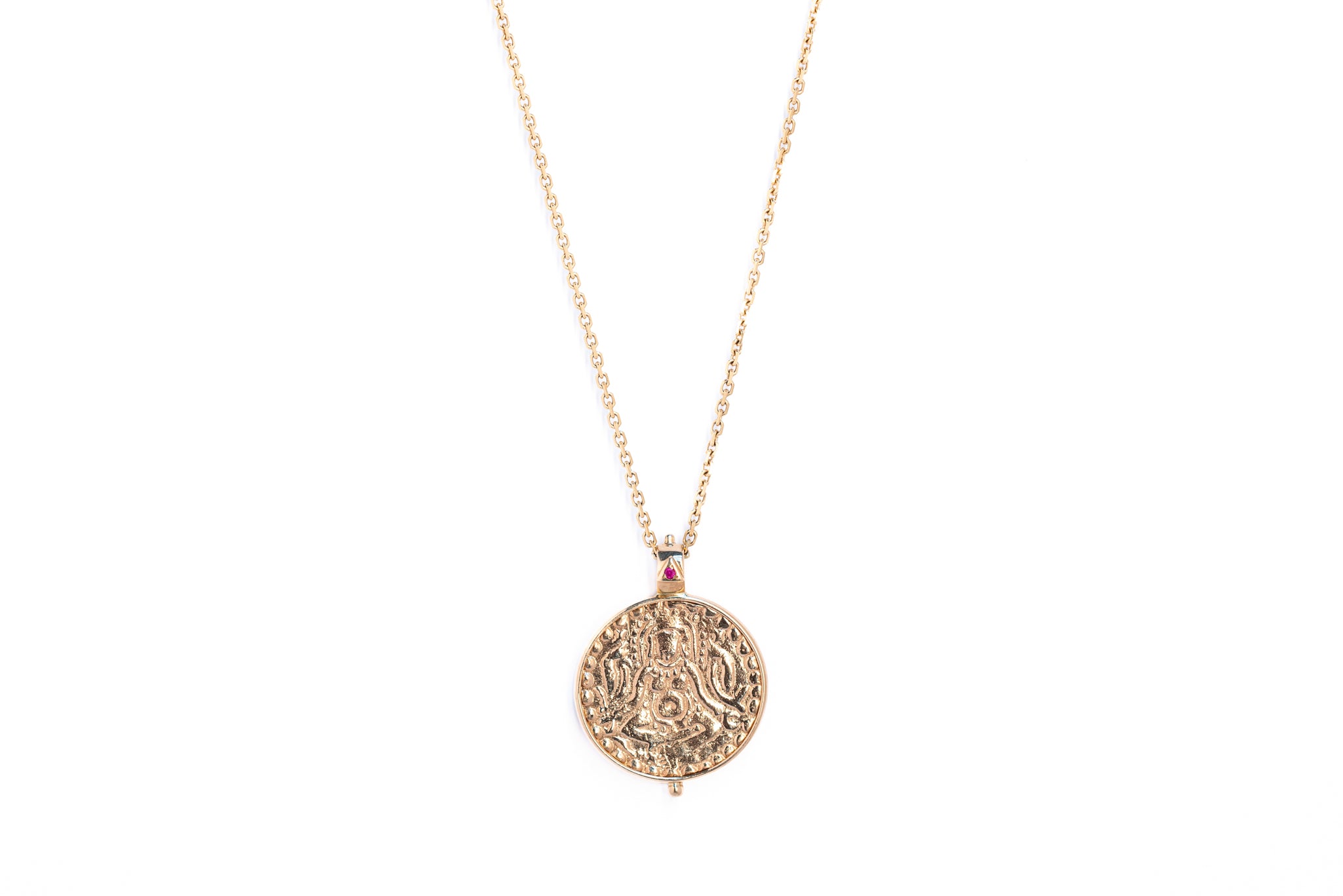 Gold coin necklace with ruby in 18k yellow gold
