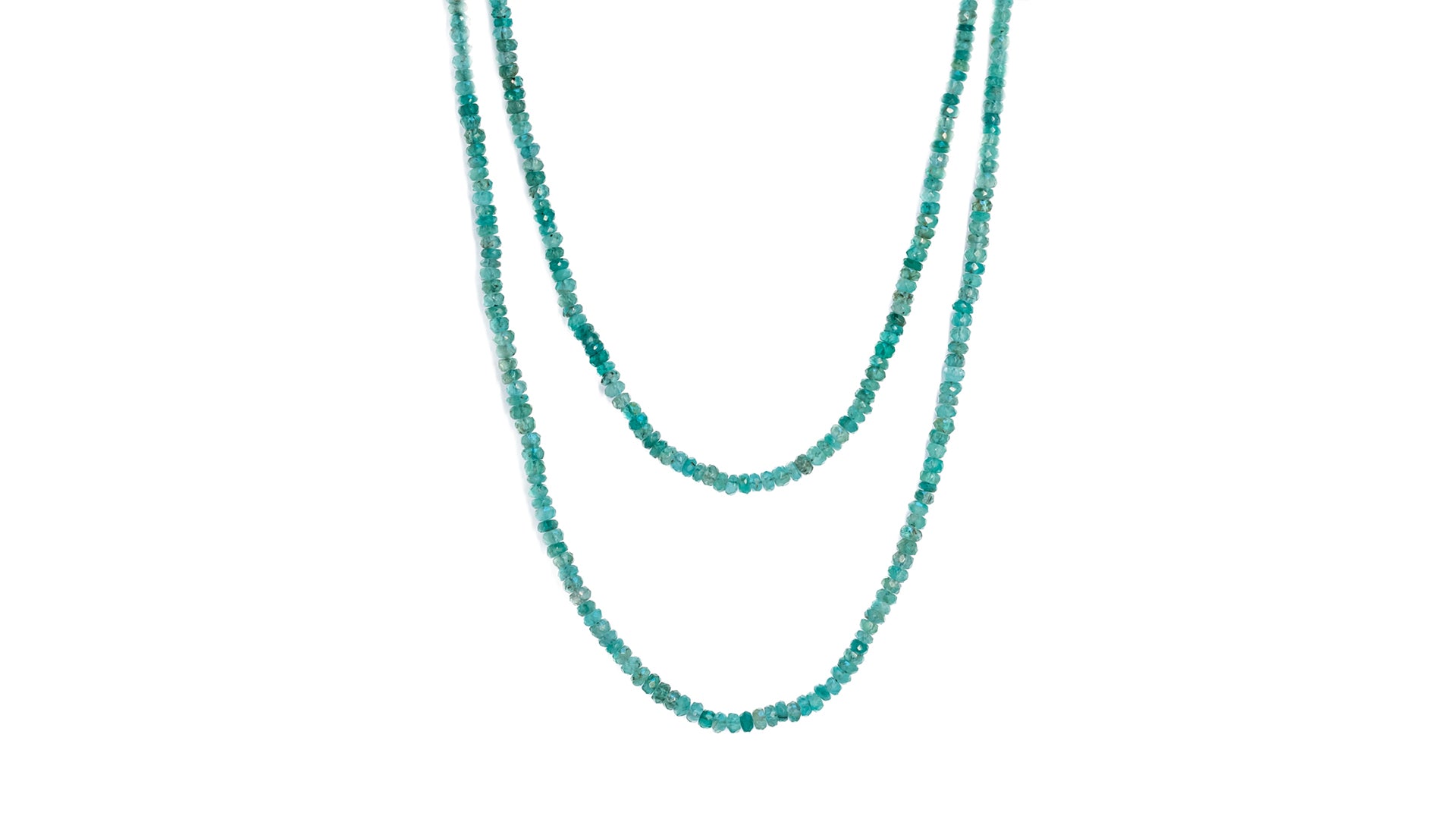 2 beaded emerald necklace of different lengths against a plain white background