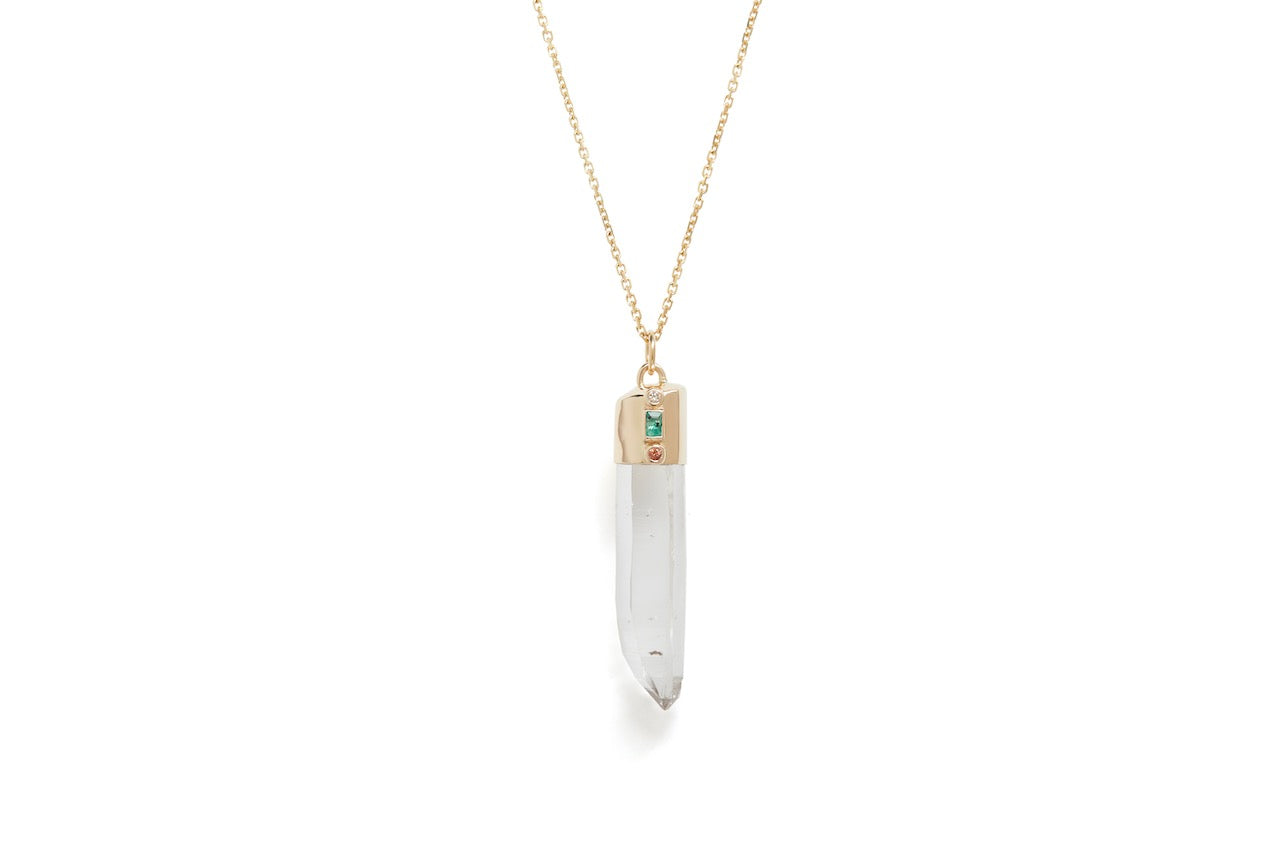 Quartz, White Diamond, Emerald and Orange Sapphire Amulet Pendant