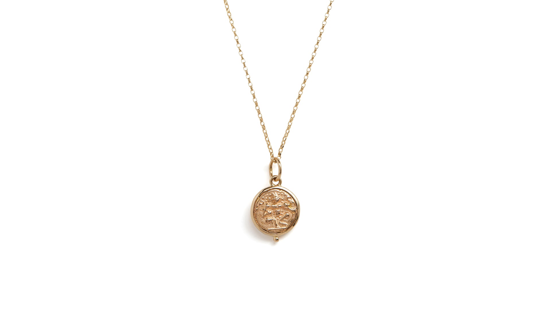 'Power' coin necklace depicting the Hindu goddess Durga on white background.