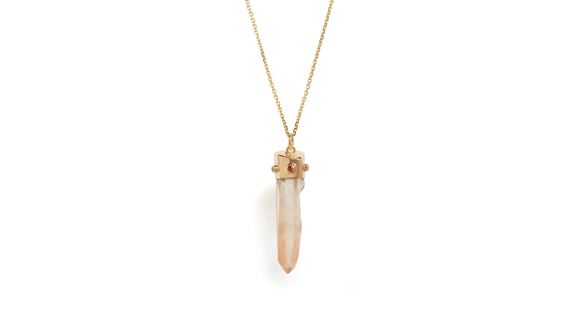 Image of a crystal pendant necklace made of salmon lemurian quartz a semi-precious gemstone with a bale in 18k yellow gold inlayed with orange sapphire and white diamonds against a white background