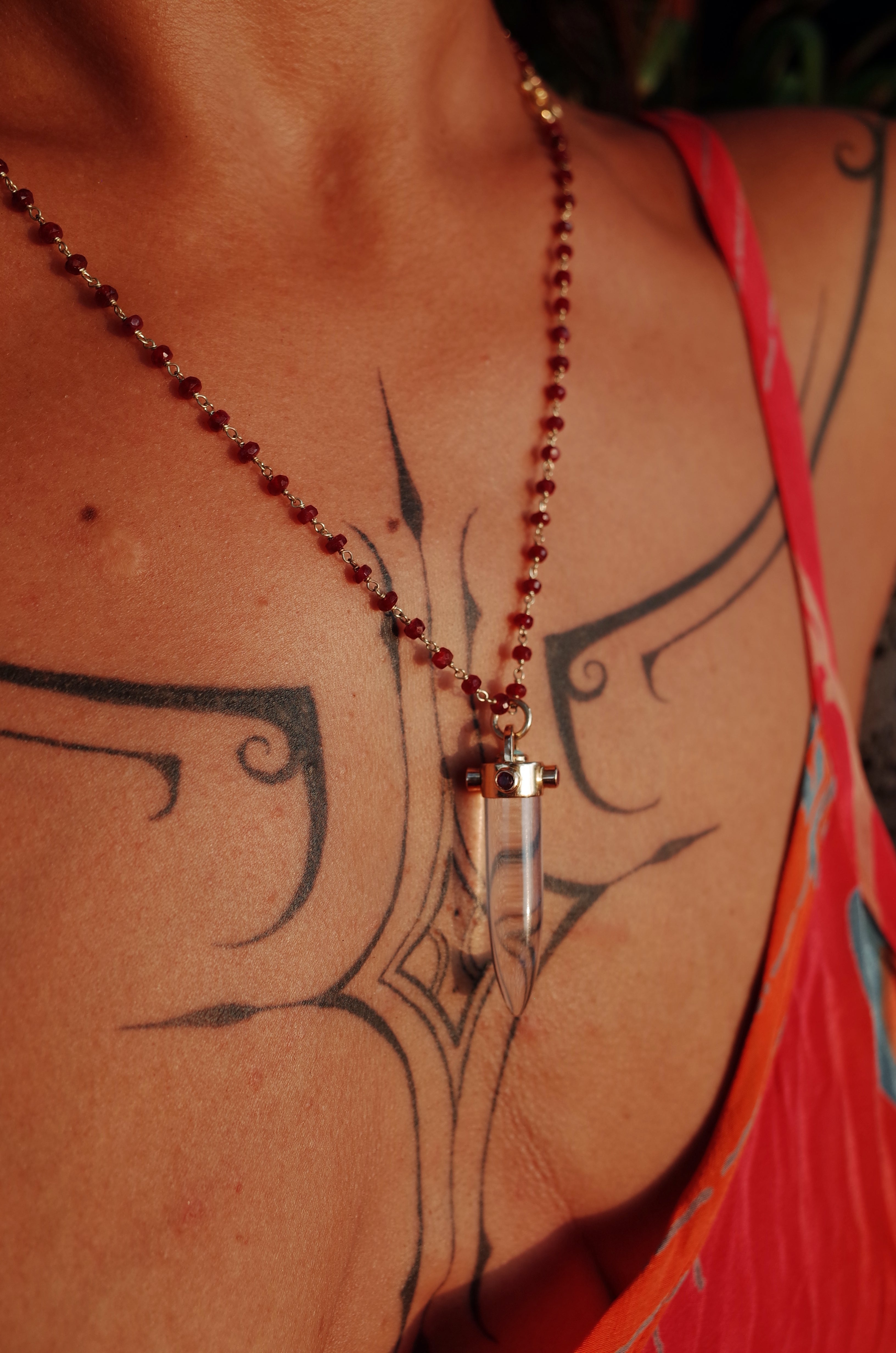Clear Quartz Pendulum Pendant with Opal and Ruby