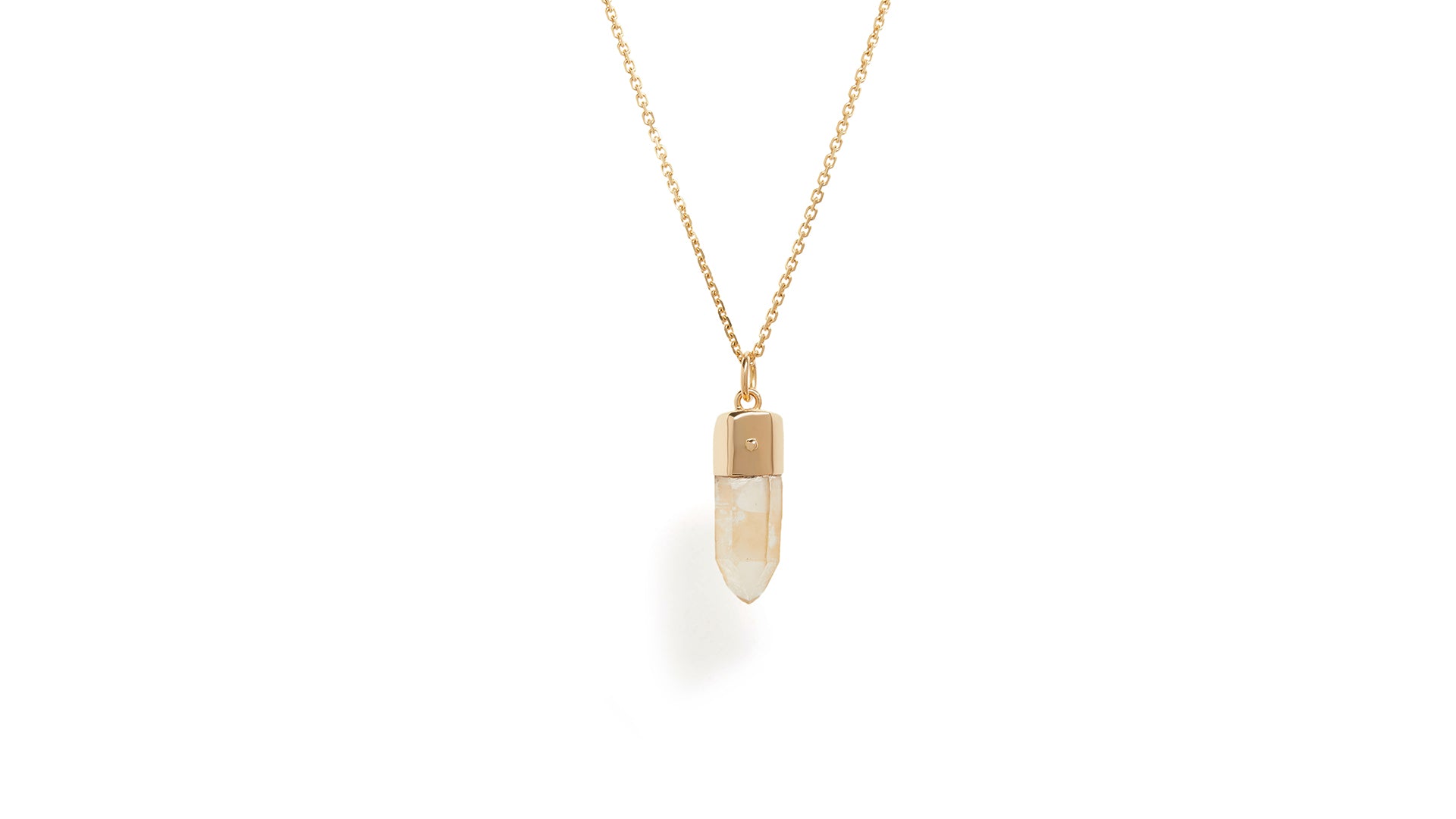 Back of amulet pendant made of golden healer quartz crystal with a blue sapphire in 18k yellow gold