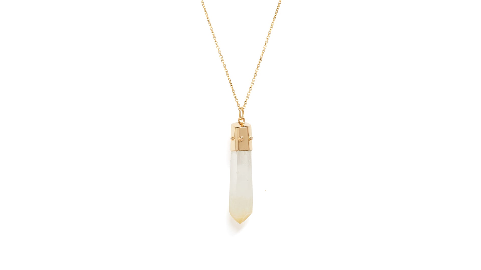 Reverse view of a crystal pendant in mango quartz with 18k gold top and chain on a white background.