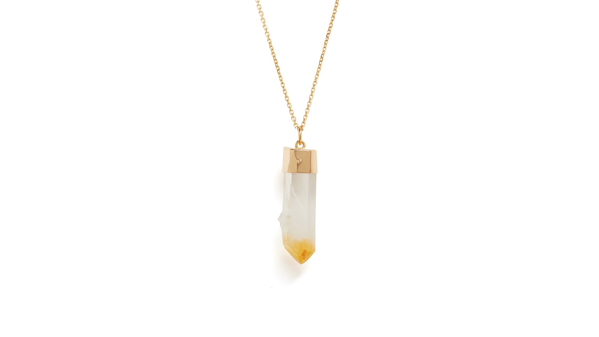 Back view of Mango quartz and moonstone amulet on a gold chain against a white background